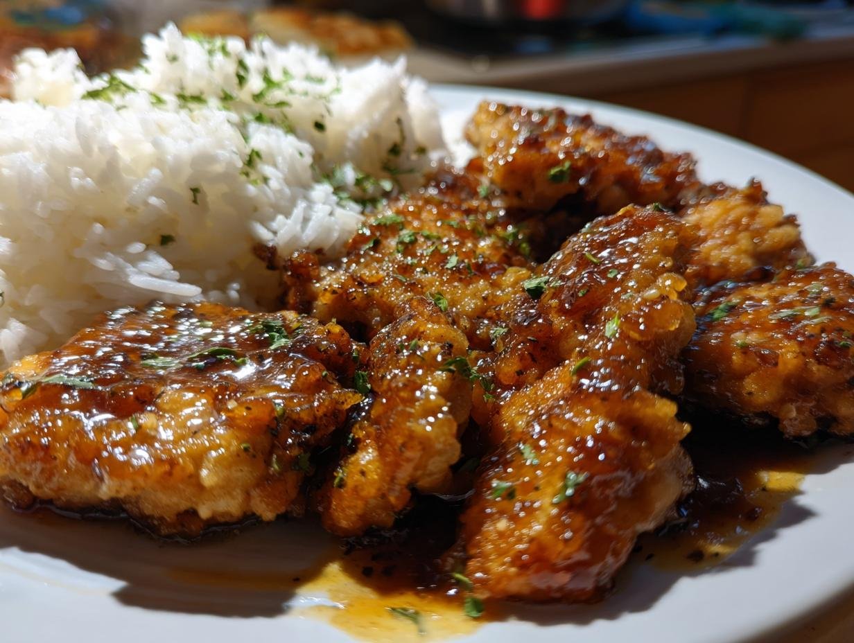 Honig Senf Hähnchen mit Reis auf einem Teller, garniert mit Petersilie.