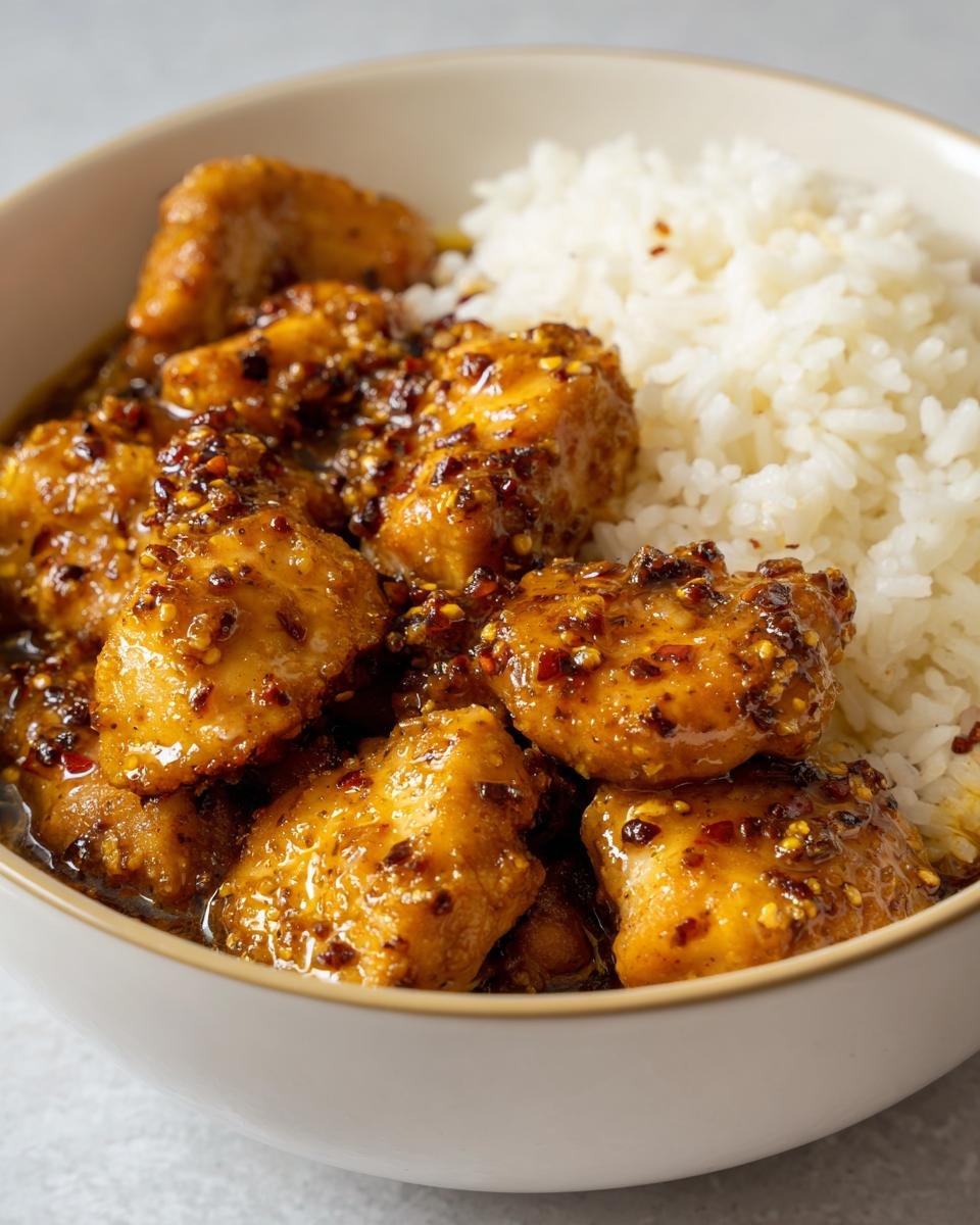 A bowl of Honig Senf Hähnchen mit Reis, featuring tender chicken pieces coated in a glossy honey mustard sauce and served with fluffy white rice.