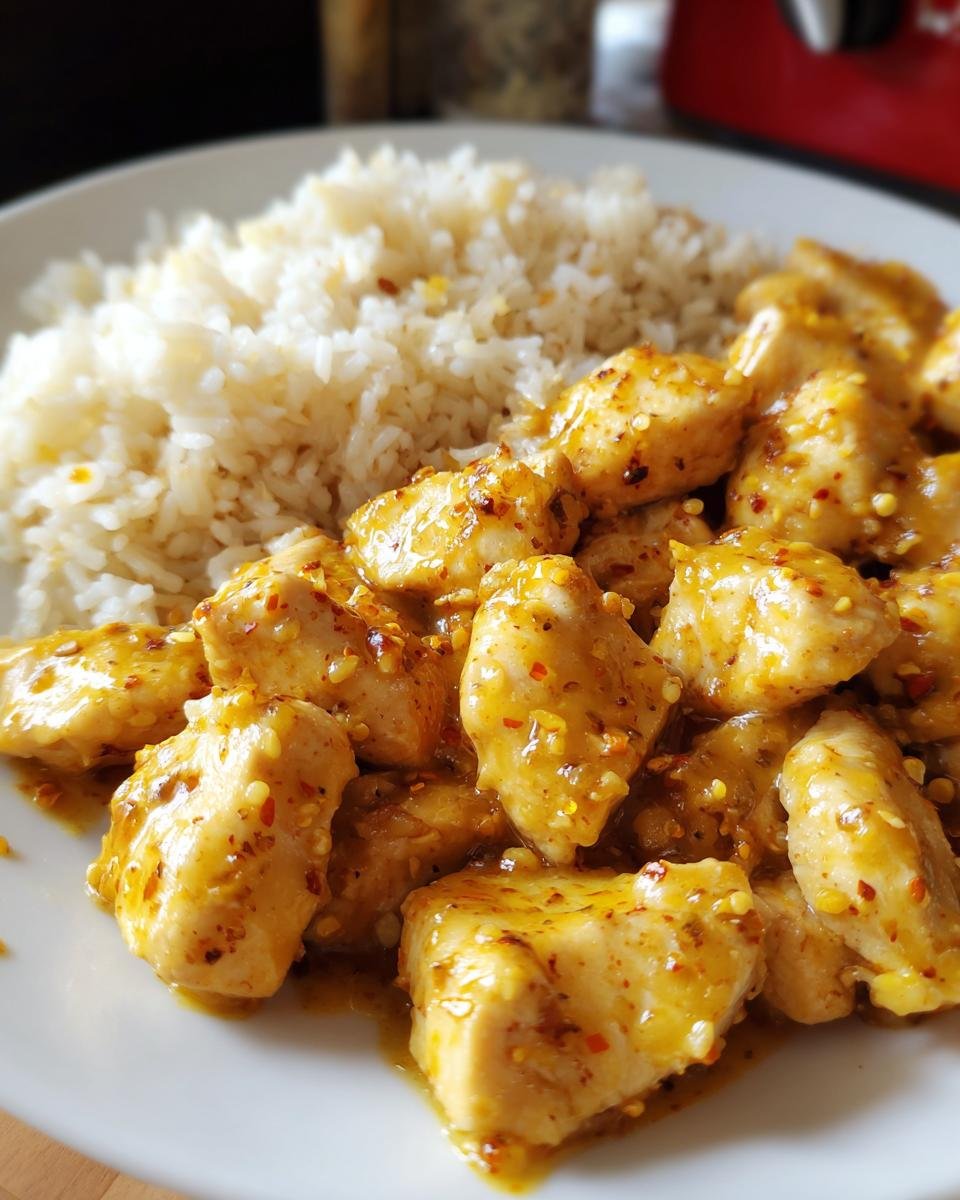 Close-up of Honig Senf Hähnchen mit Reis, featuring tender chicken pieces in a glossy honey mustard sauce served with fluffy white rice.