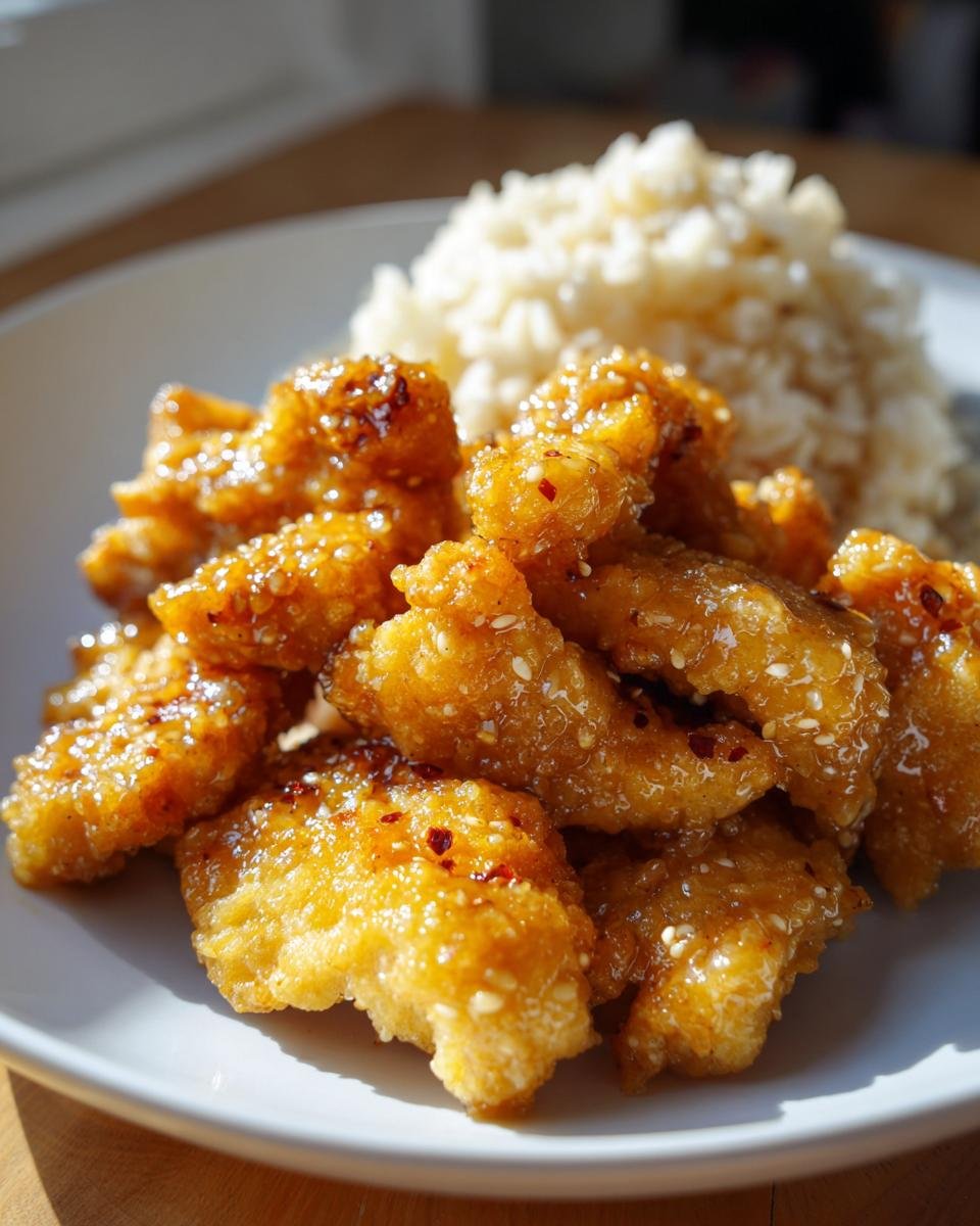 Nahaufnahme von Honig Senf Hähnchen mit Reis, das Hähnchen ist goldbraun und mit Sesam bestreut.