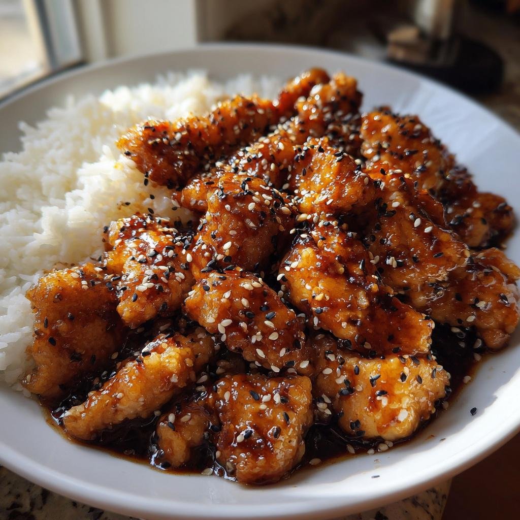 Ein Teller mit Honig Senf Hähnchen mit Reis, garniert mit Sesam.