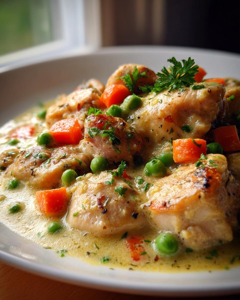 A close-up of Hühnerfrikassee Rezept, a creamy chicken stew with carrots and peas, garnished with parsley.