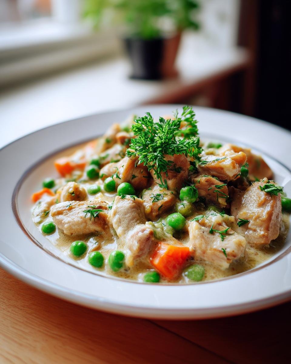 A close-up of Hühnerfrikassee Rezept, a creamy chicken stew with tender chicken pieces, bright green peas, and orange carrots, garnished with fresh parsley.