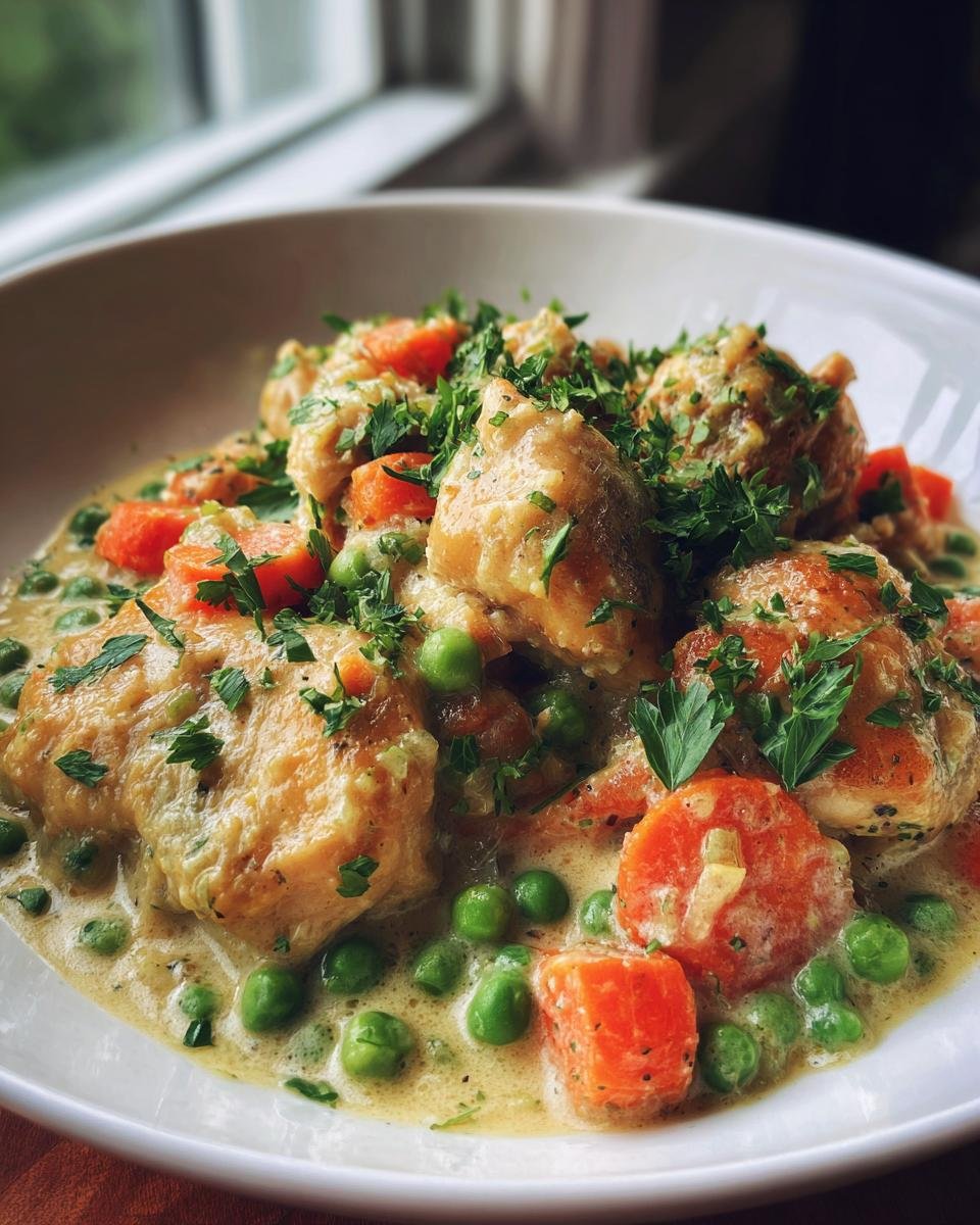 A close-up of Hühnerfrikassee Rezept, a creamy German chicken stew with tender chicken pieces, bright green peas, and sliced carrots, garnished with fresh parsley.