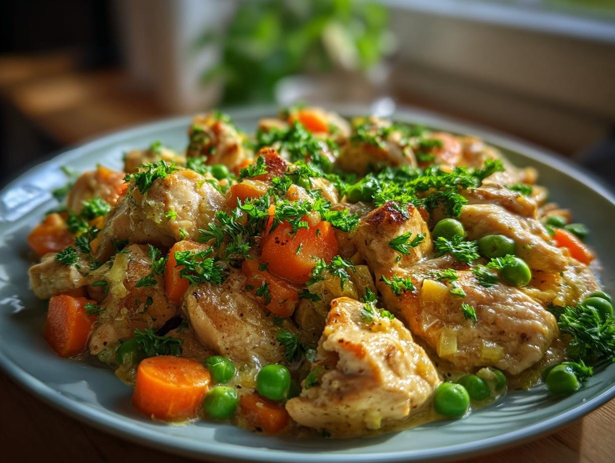 A close-up of a Hühnerfrikassee Rezept, featuring tender chicken pieces, bright green peas, and orange carrots in a creamy sauce, garnished with fresh parsley.