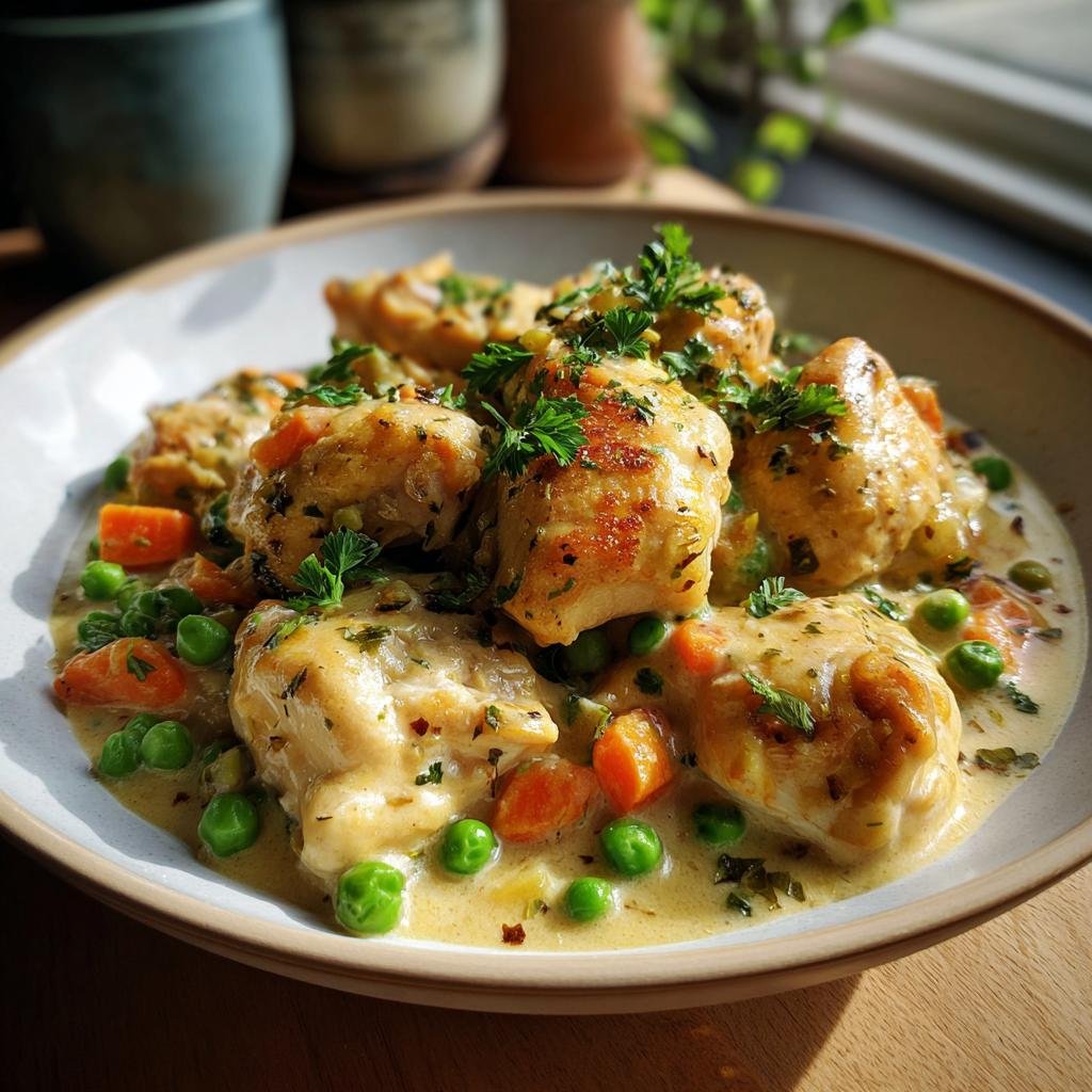 A close-up of a Hühnerfrikassee Rezept, featuring tender chicken pieces in a creamy sauce with peas and carrots, garnished with parsley.