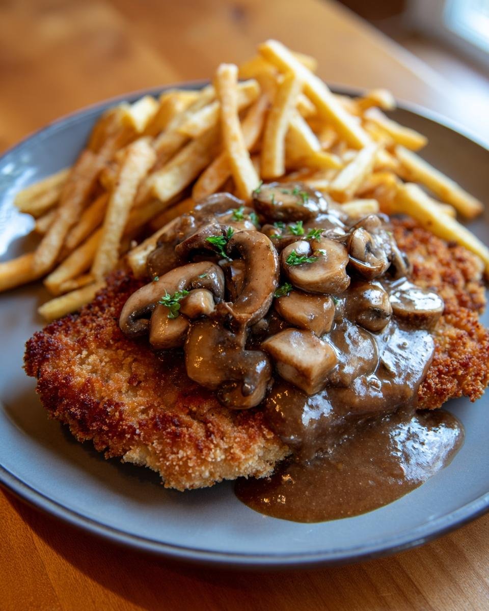 Jägerschnitzel mit Jägersoße, Pommes und Champignons auf einem Teller.