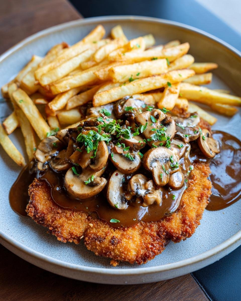 Jägerschnitzel mit Jägersoße, garniert mit Champignons und Petersilie, serviert mit Pommes.