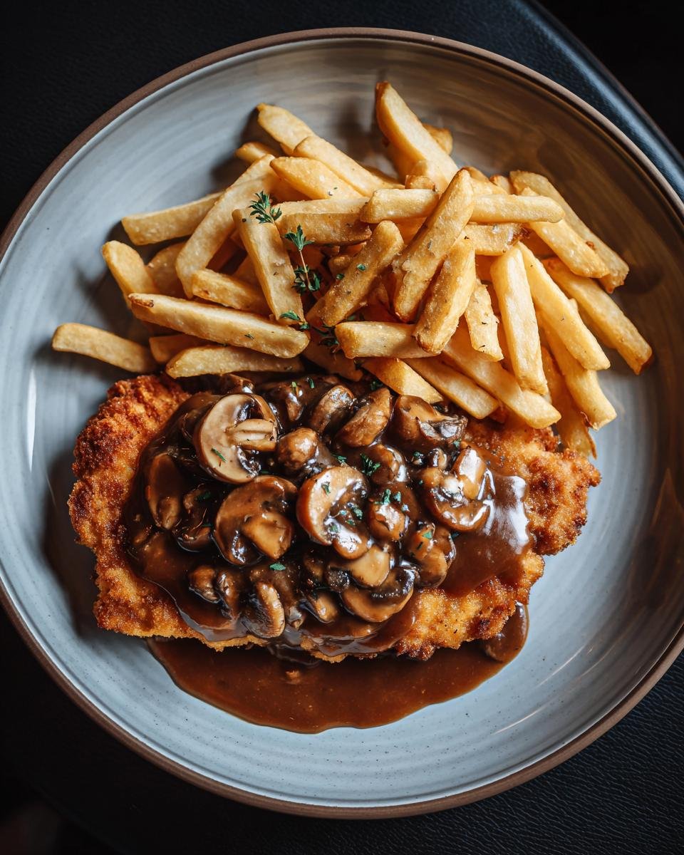 Jägerschnitzel mit Jägersoße, Pommes und Champignons auf einem Teller serviert.