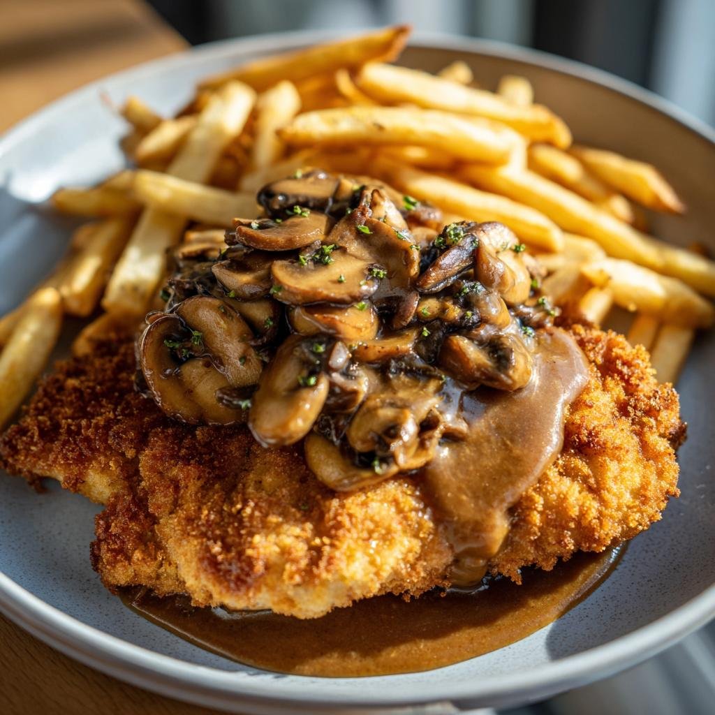 Jägerschnitzel mit Jägersoße, Pommes und Champignons auf einem Teller.