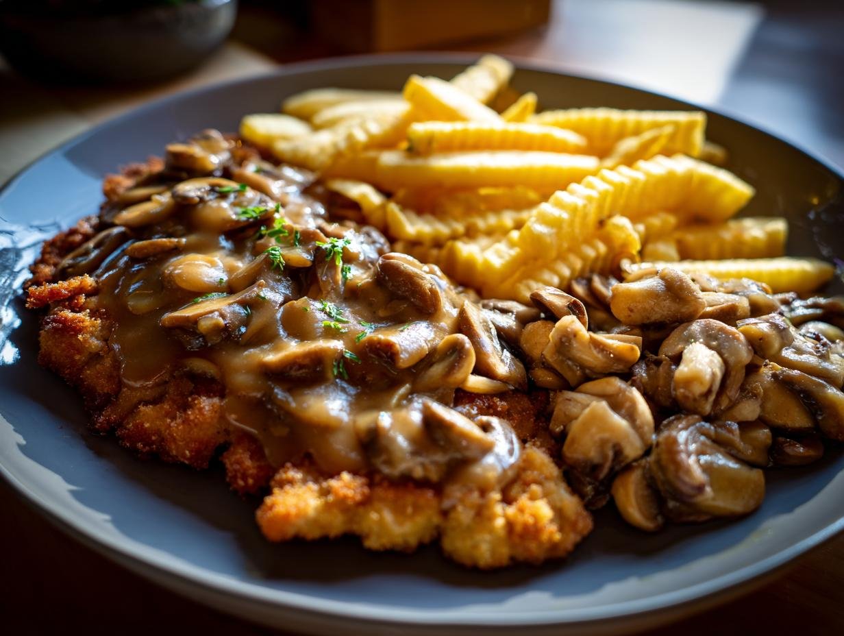 Jägerschnitzel mit Jägersoße, Pommes und Champignons auf einem Teller serviert.