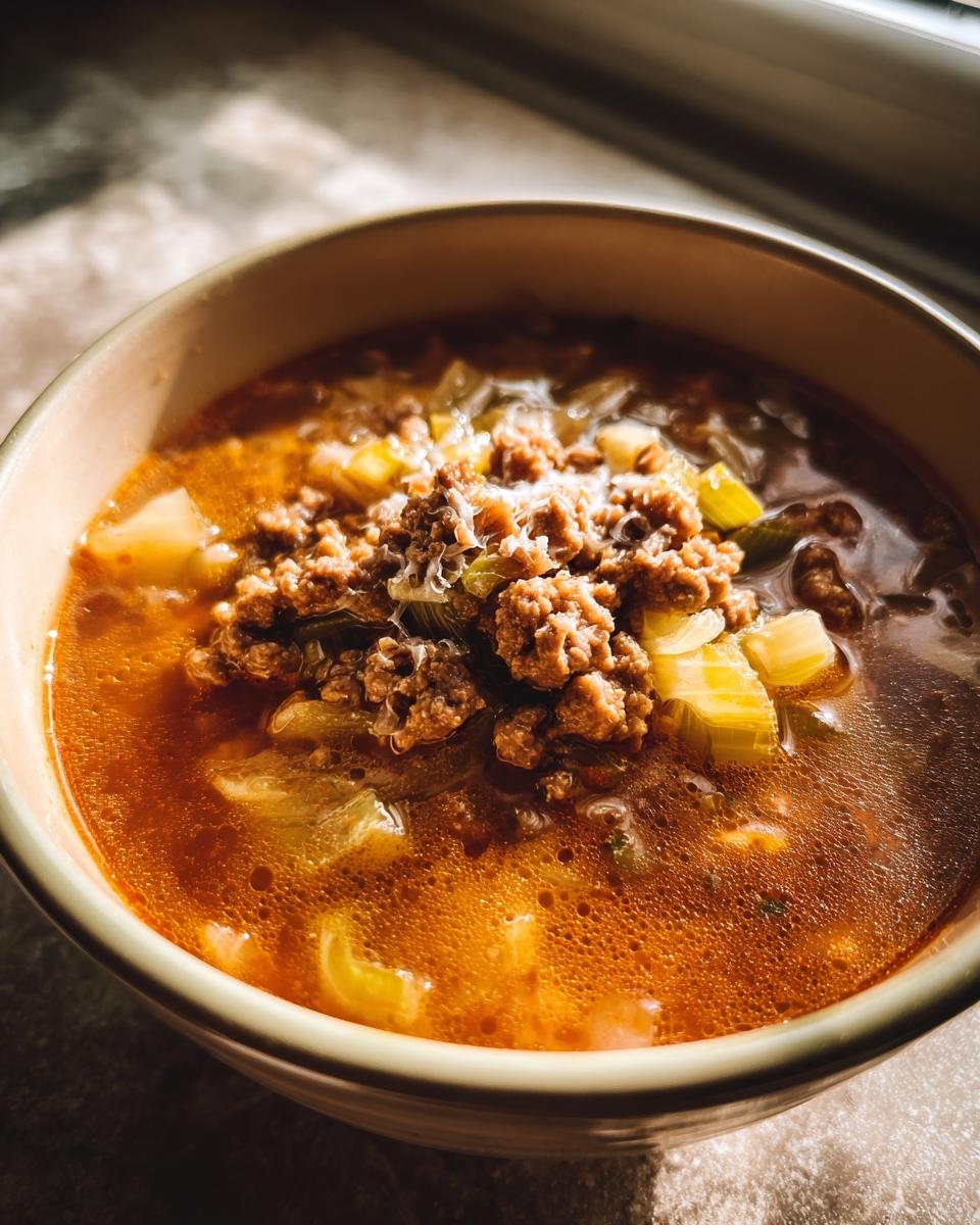 Eine Schüssel mit dampfender Käse-Lauch-Suppe mit Hackfleisch, garniert mit geriebenem Käse.