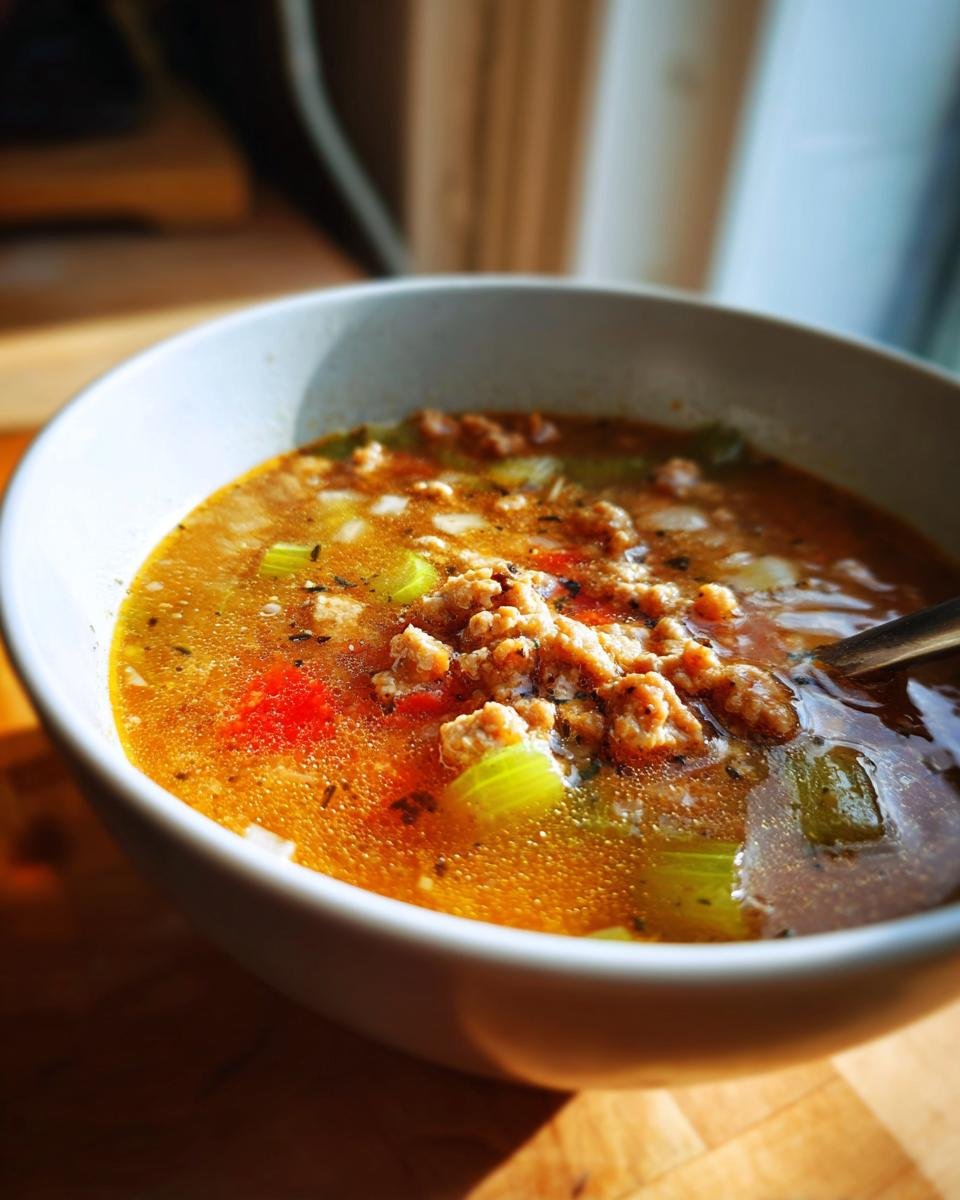 A close-up of a bowl of Käse-Lauch-Suppe mit Hackfleisch, showing ground meat, leeks, and broth.