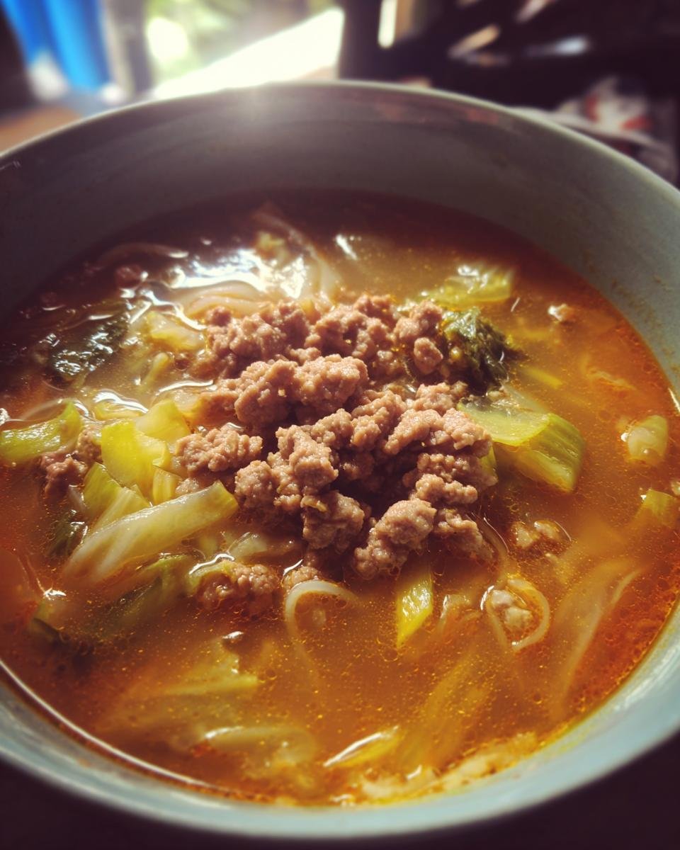 Eine Schüssel dampfender Käse-Lauch-Suppe mit Hackfleisch und viel Lauch.