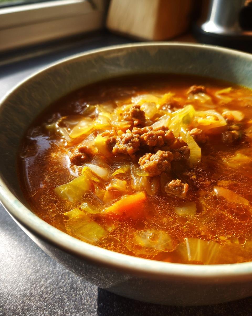 Eine Schüssel mit dampfender Käse-Lauch-Suppe mit Hackfleisch, Lauch und Karottenstücken.