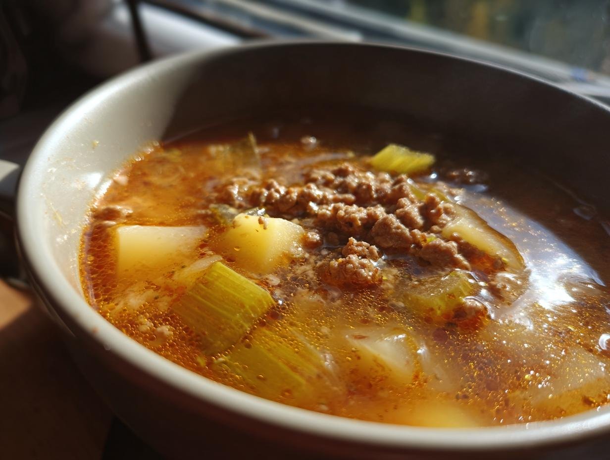 Eine Schüssel mit dampfender Käse-Lauch-Suppe mit Hackfleisch, Kartoffeln und Lauch.