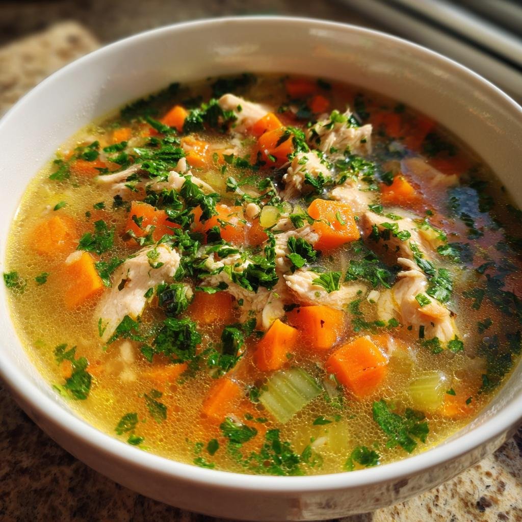 A close-up of a bowl of Klassische Hühnersuppe, featuring tender chicken, diced carrots, celery, and fresh parsley.