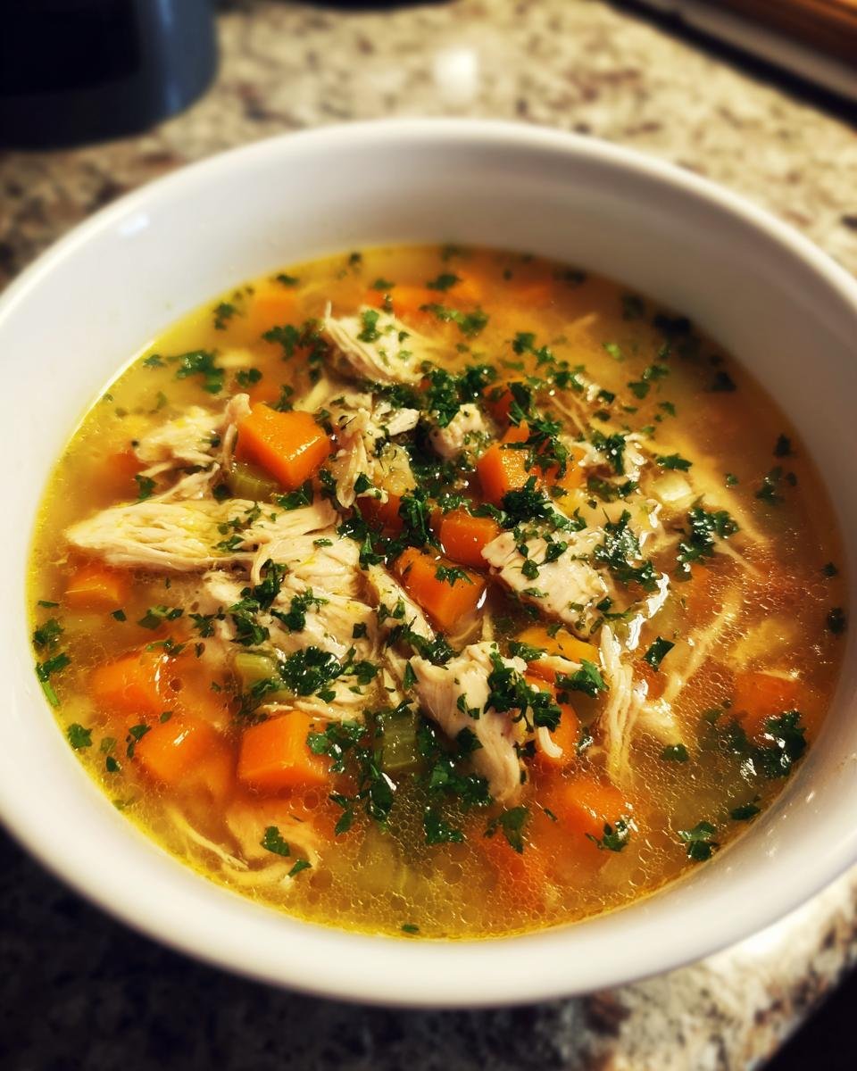 Eine Schüssel mit klassischer Hühnersuppe, gefüllt mit zarten Hühnerstücken, Karottenwürfeln und frischer Petersilie.