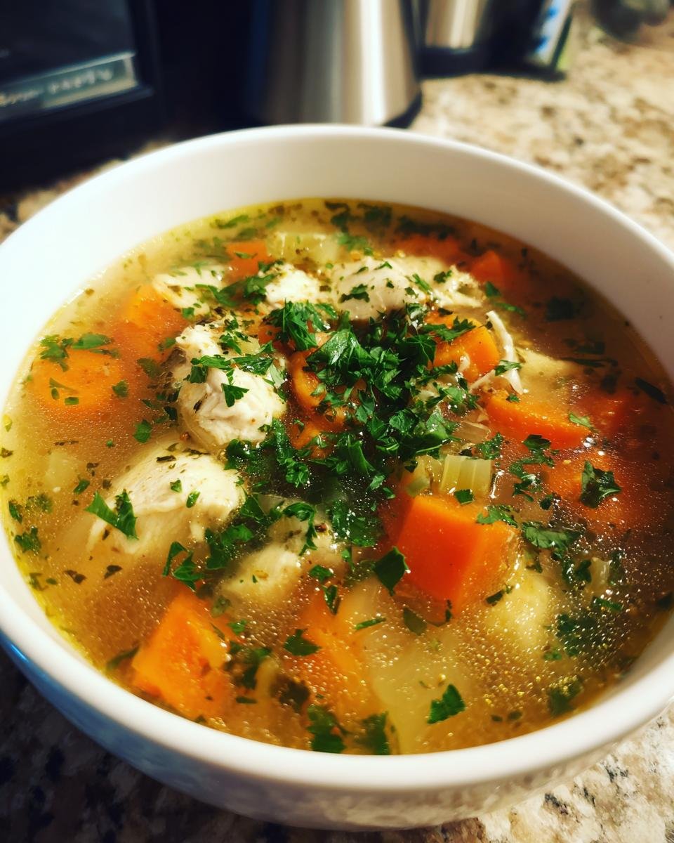 Eine Schüssel mit klassischer Hühnersuppe, gefüllt mit Hühnerfleisch, Karottenstücken und frischer Petersilie.