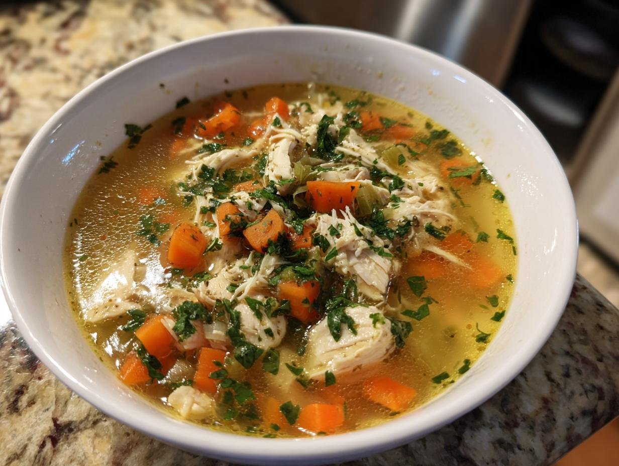 Close-up of a white bowl filled with Klassische Hühnersuppe, featuring shredded chicken, diced carrots, and fresh parsley.