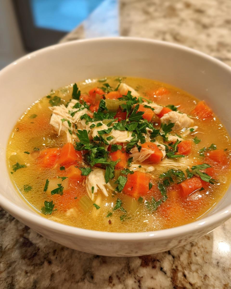 Eine Schüssel mit Klassischer Hühnersuppe, gefüllt mit zarten Hühnerstücken, Karottenwürfeln und frischer Petersilie.