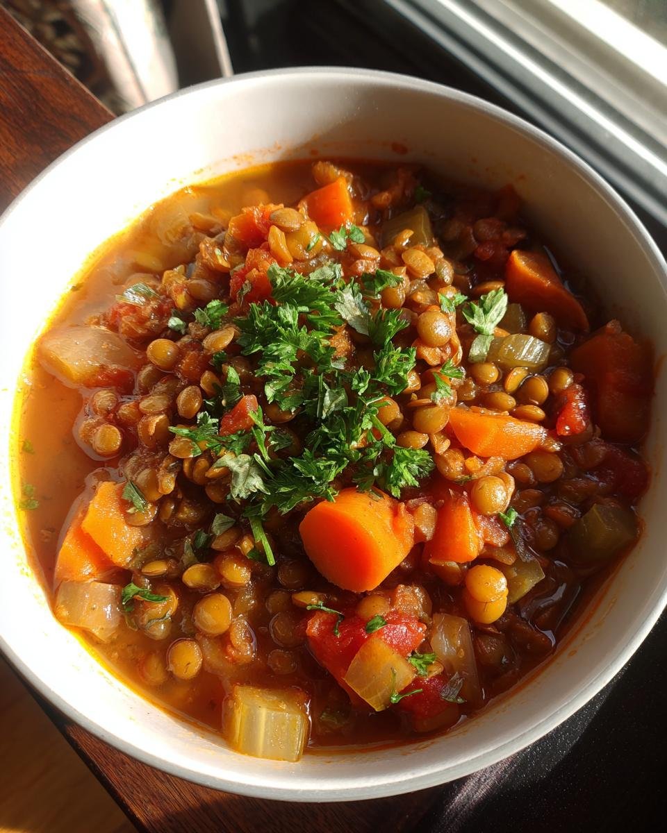 Eine Schüssel mit Klassische Linsensuppe, garniert mit frischer Petersilie und sichtbaren Karottenstücken.