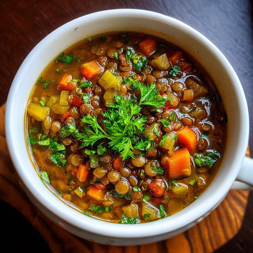 Eine Schüssel mit Klassische Linsensuppe, garniert mit Petersilie, Karotten und Sellerie.