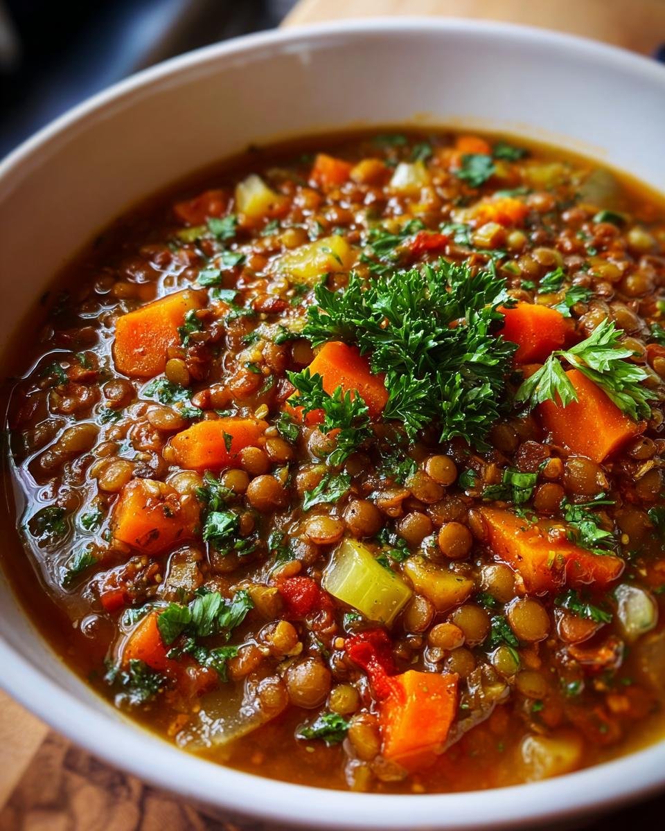 Eine Schüssel mit Klassische Linsensuppe, garniert mit frischer Petersilie und sichtbaren Karottenstücken.