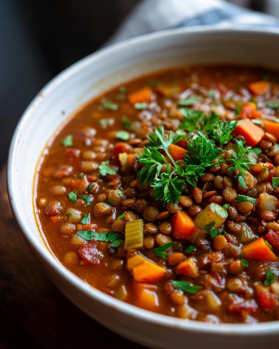 A close-up of a bowl of Klassische Linsensuppe, a hearty German lentil soup with carrots and parsley.