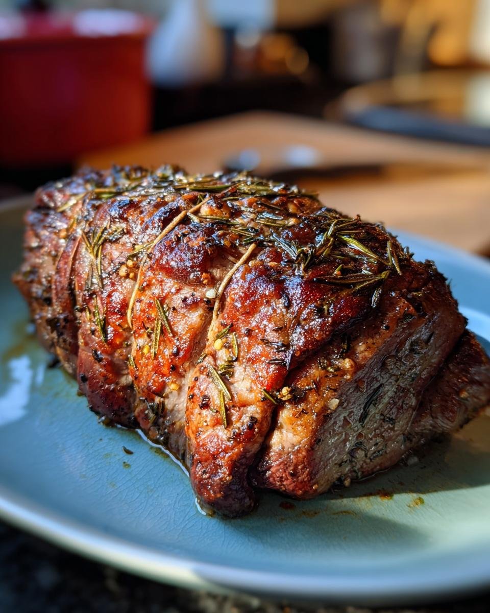 Ein saftiger Knoblauch Butter Kräuterbraten Rindfleisch auf einem blauen Teller, mit Rosmarin und Gewürzen.