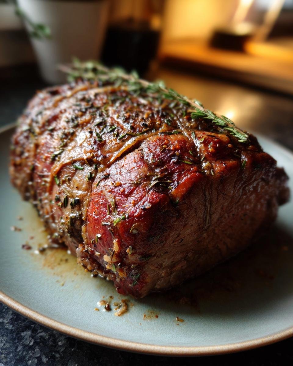 A beautifully roasted Knoblauch Butter Kräuterbraten Rindfleisch, seasoned with herbs and spices, resting on a plate.