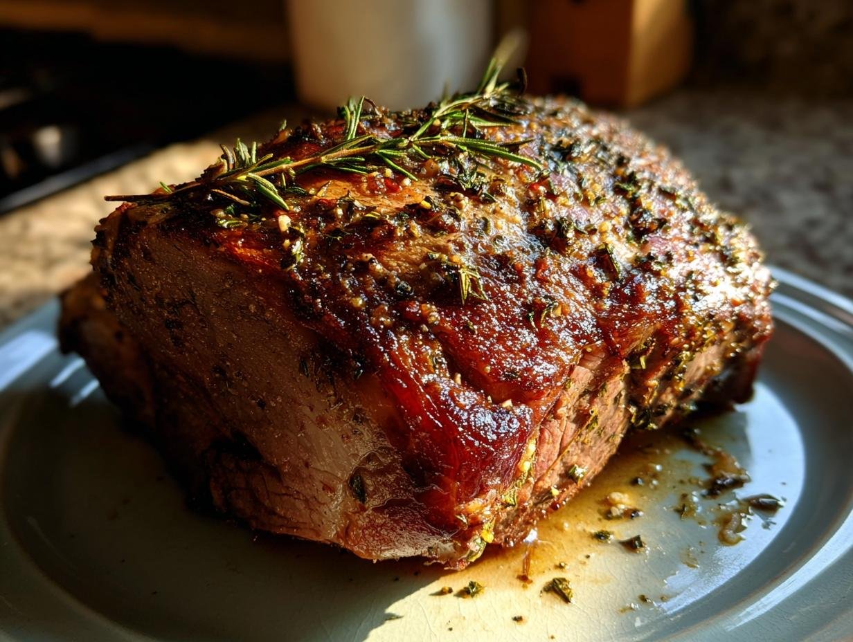 A juicy Knoblauch Butter Kräuterbraten Rindfleisch, roasted to perfection with herbs and garlic.