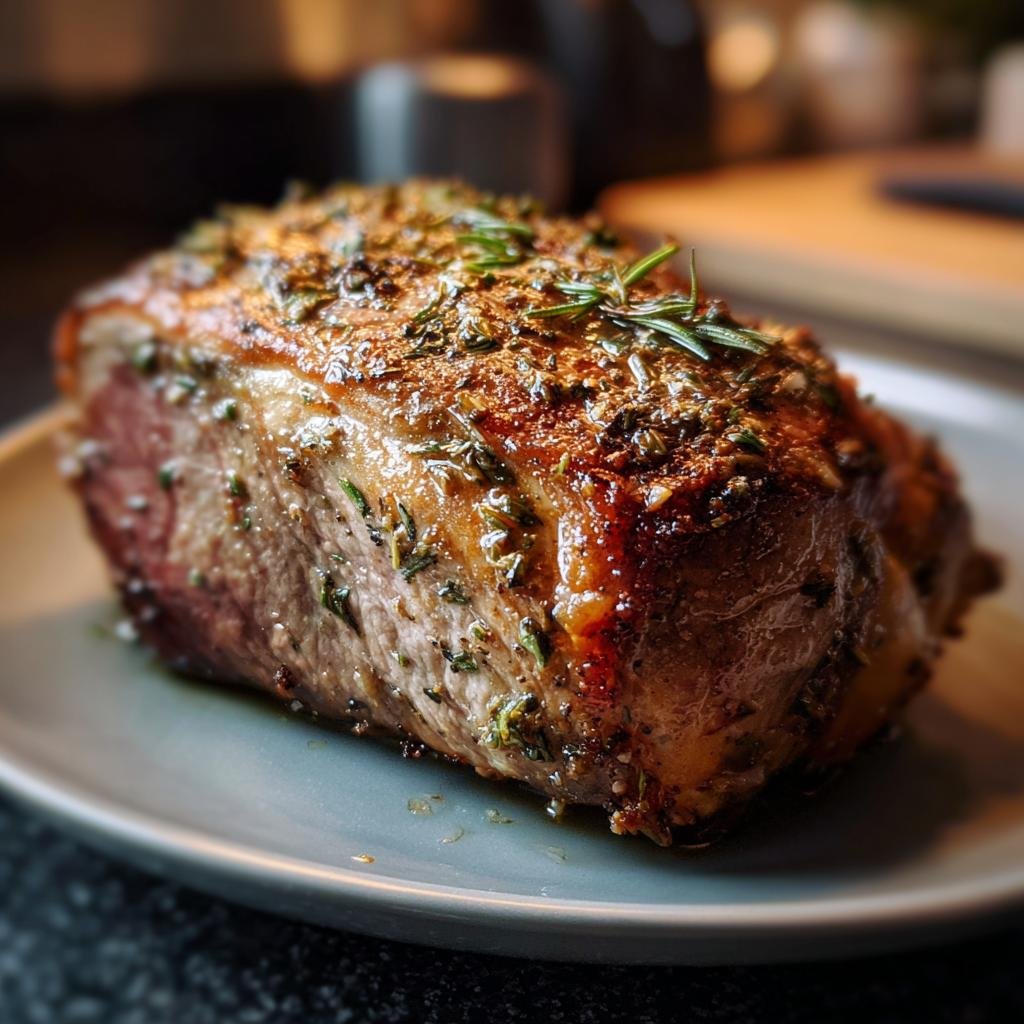 A perfectly roasted Knoblauch Butter Kräuterbraten Rindfleisch, seasoned with herbs and butter.