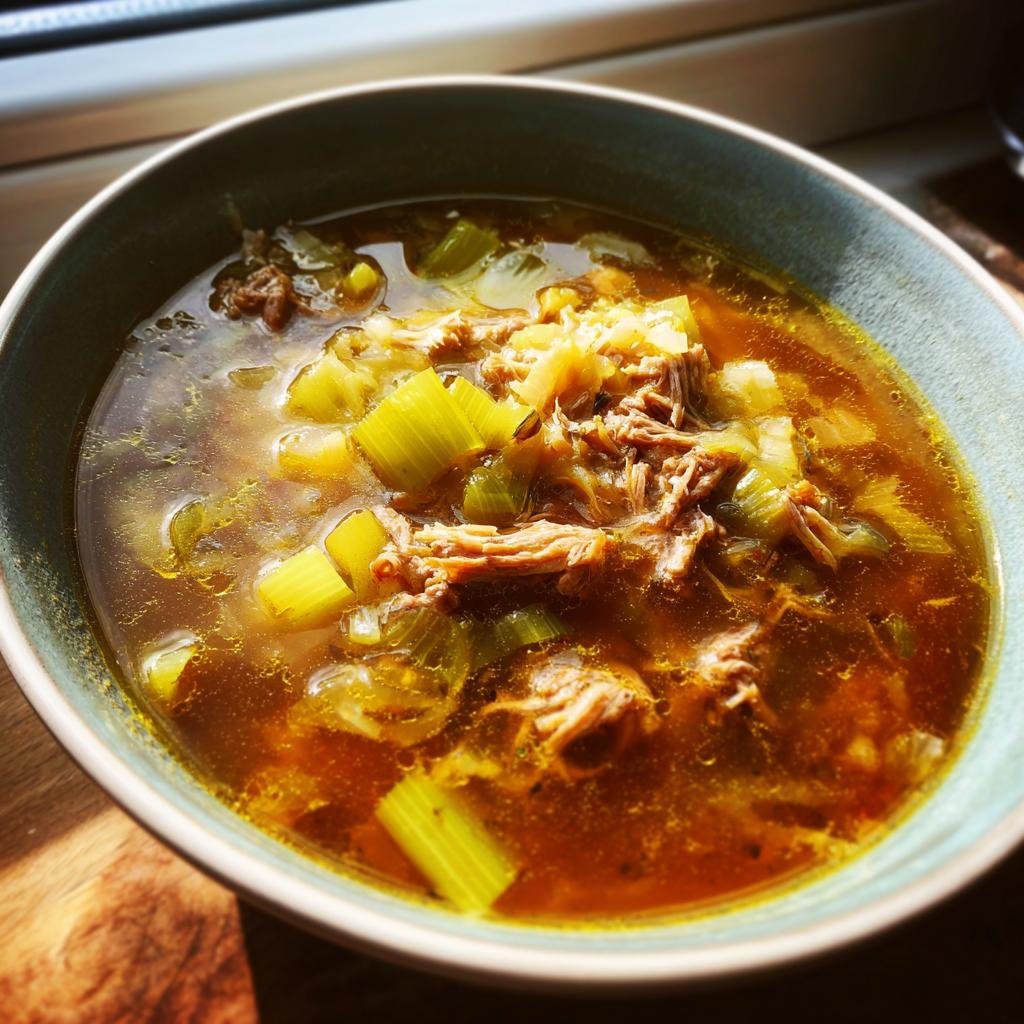 Eine Schüssel dampfender Käse-Lauch-Suppe mit Hackfleisch, Lauch und Sellerie.