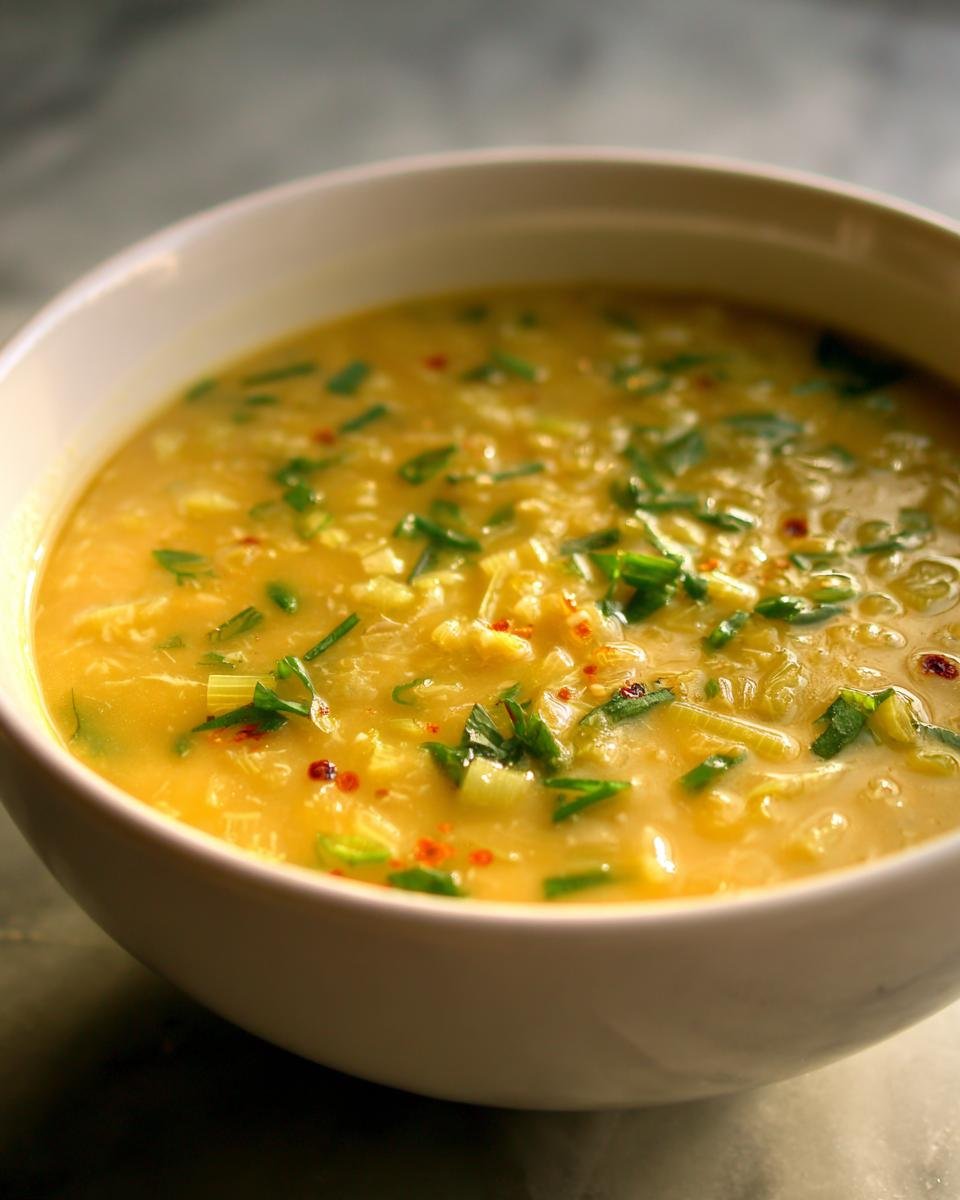 A close-up of a bowl of Lauch-Käse-Suppe, a creamy German leek and cheese soup, garnished with fresh chives and chili flakes.