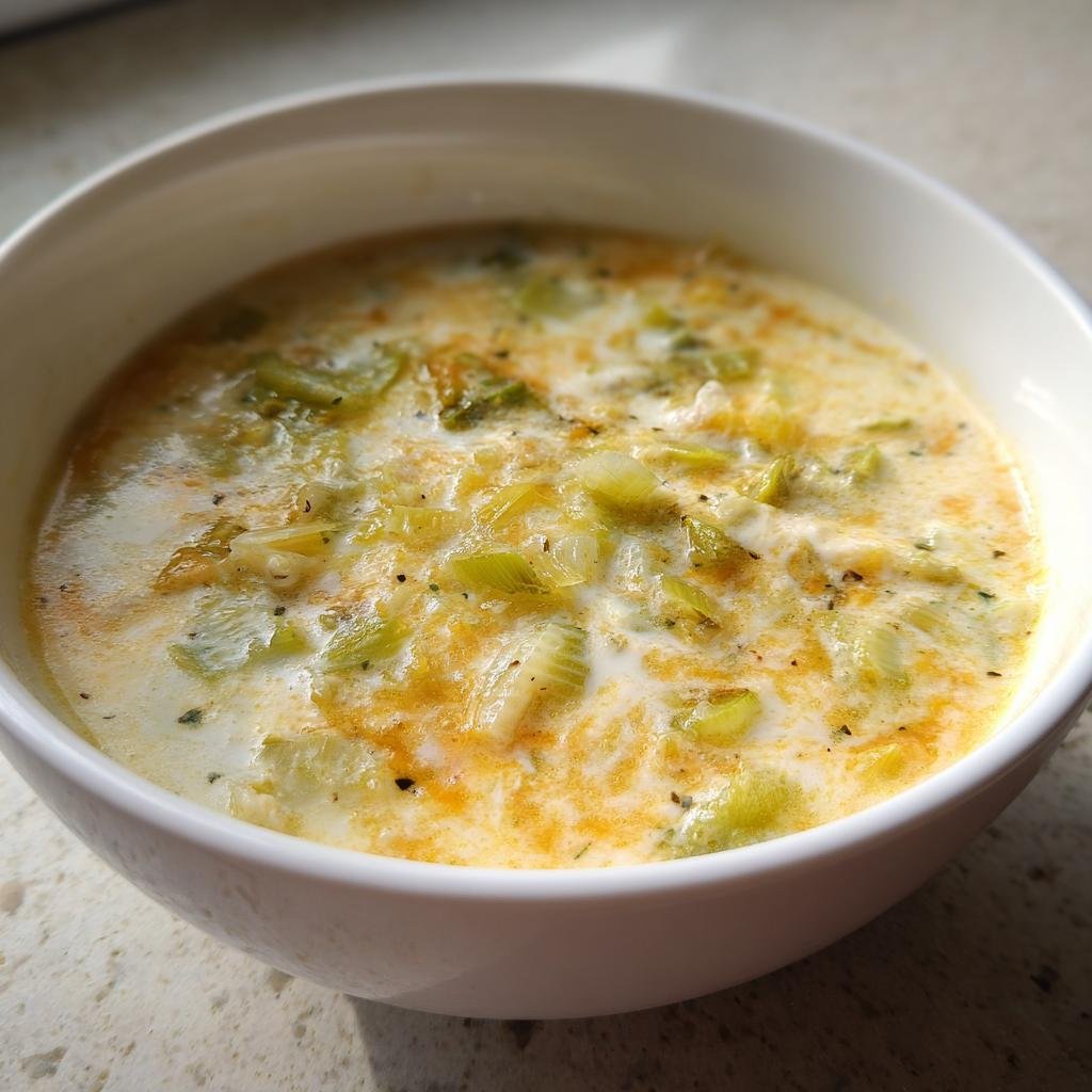Eine Schüssel mit cremiger Lauch-Käse-Suppe, garniert mit Kräutern und Pfeffer.