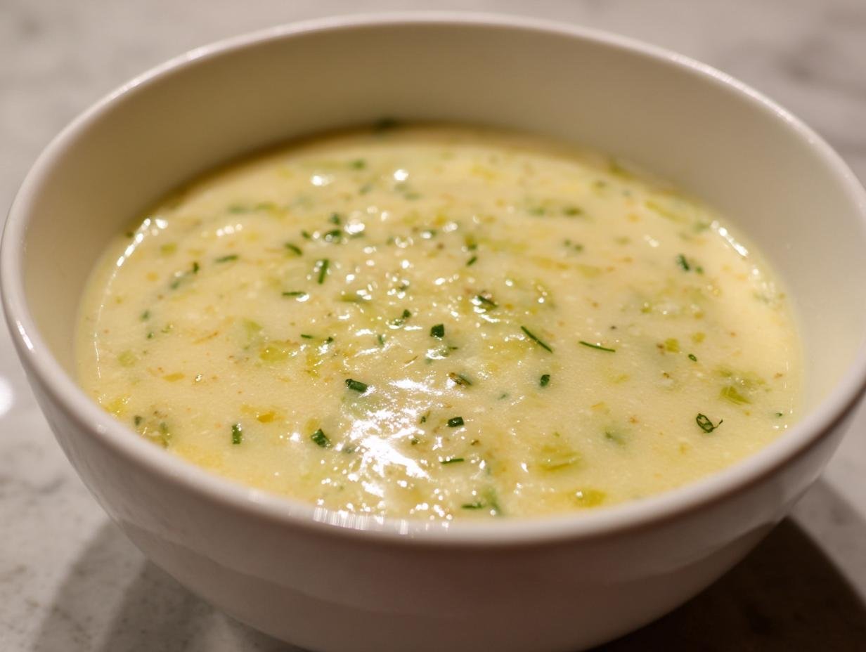 Eine Schüssel mit cremiger Lauch-Käse-Suppe, garniert mit frischen Kräutern.