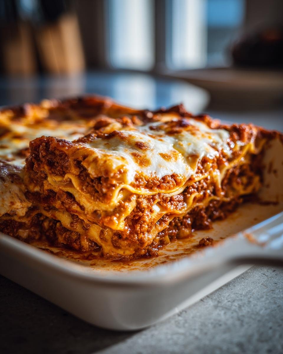 A close-up of a freshly baked Lebkuchen-Lasagne in a white baking dish, showing layers of pasta, meat sauce, and melted cheese.