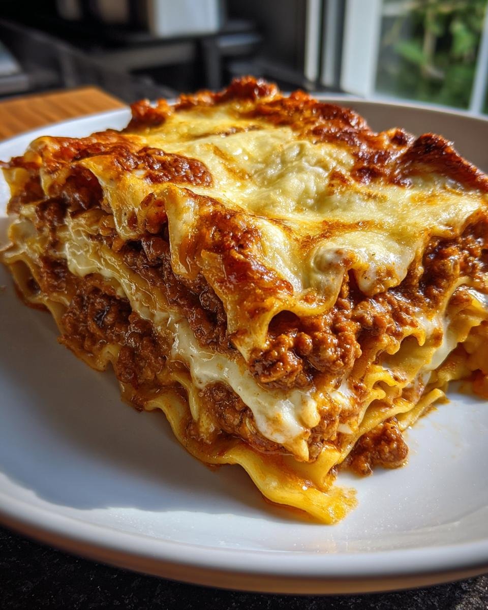 Eine Scheibe Lebkuchen-Lasagne mit reichlich Hackfleischsauce und geschmolzenem Käse, auf einem Teller serviert.