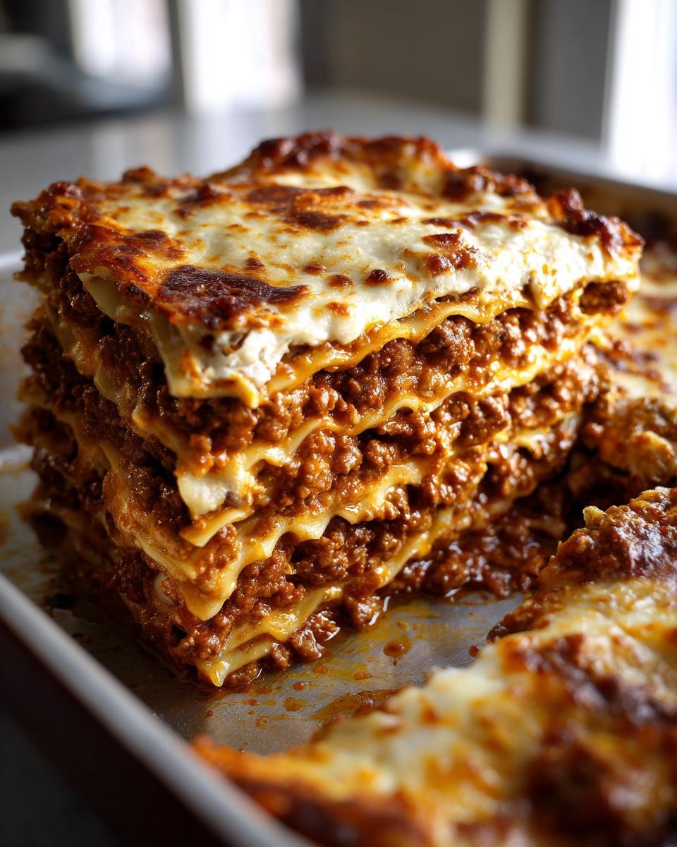 A close-up view of a hearty slice of Lebkuchen-Lasagne, showcasing layers of pasta, rich meat sauce, and melted cheese.