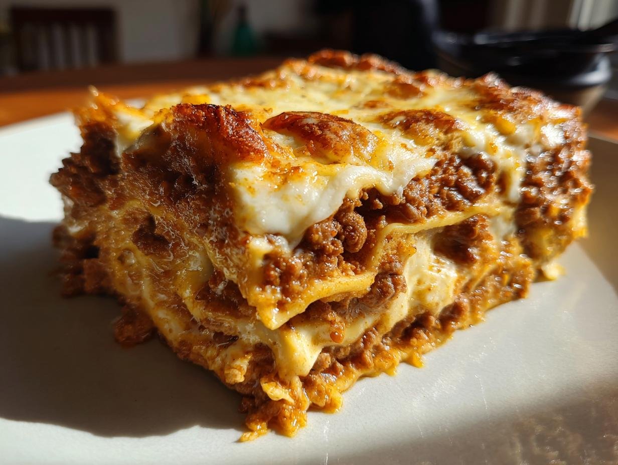 A close-up view of a delicious slice of Lebkuchen-Lasagne, showing layers of meat sauce and melted cheese.