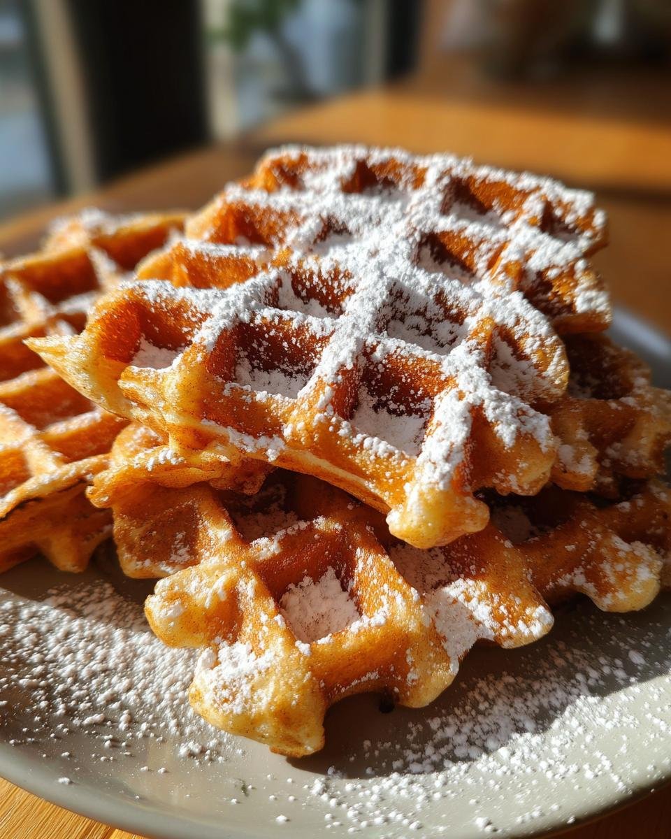 A stack of golden-brown Lebkuchen-Waffeln generously dusted with powdered sugar.