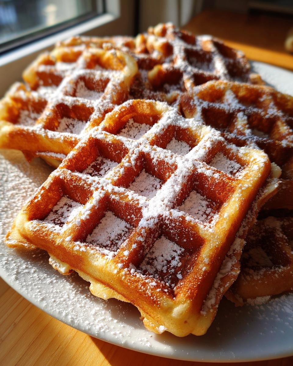 A close-up of golden-brown Lebkuchen-Waffeln generously dusted with powdered sugar.