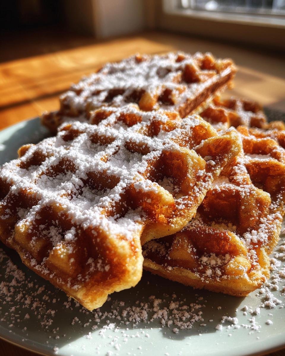Close-up of golden-brown Lebkuchen-Waffeln generously dusted with powdered sugar.