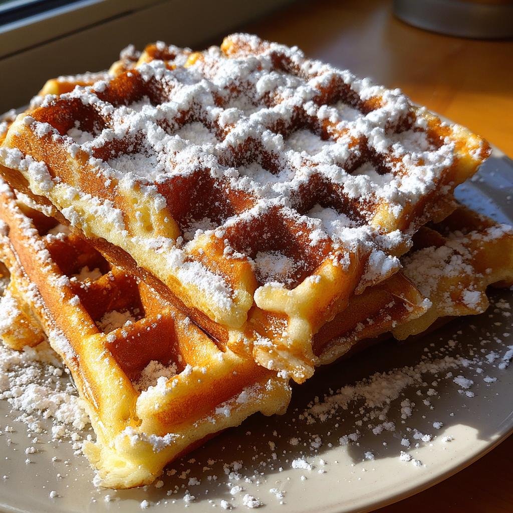 Gestapelte Lebkuchen-Waffeln mit Puderzucker bestäubt, auf einem Teller serviert.