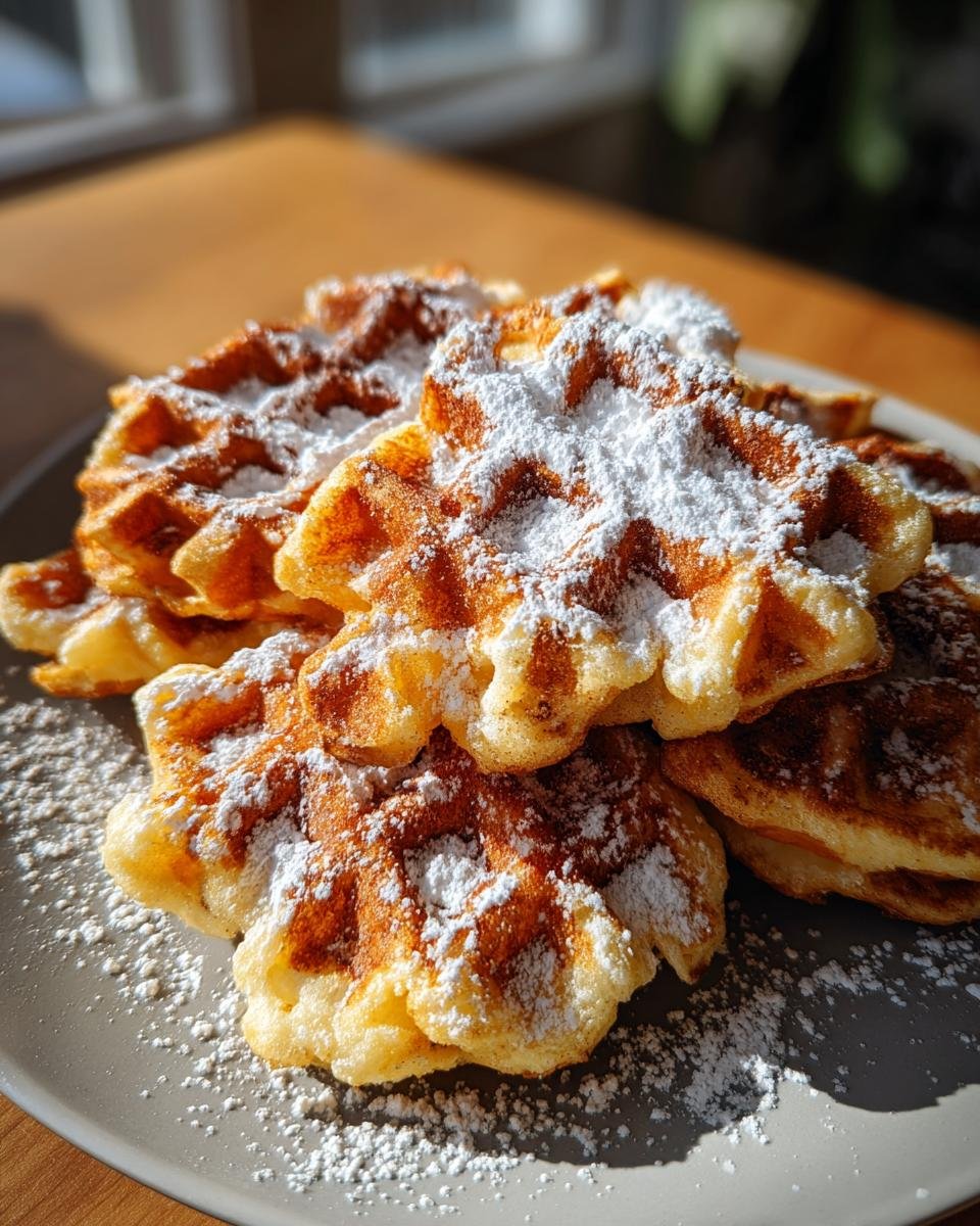 A close-up of a stack of golden-brown Lebkuchen-Waffeln generously dusted with powdered sugar.