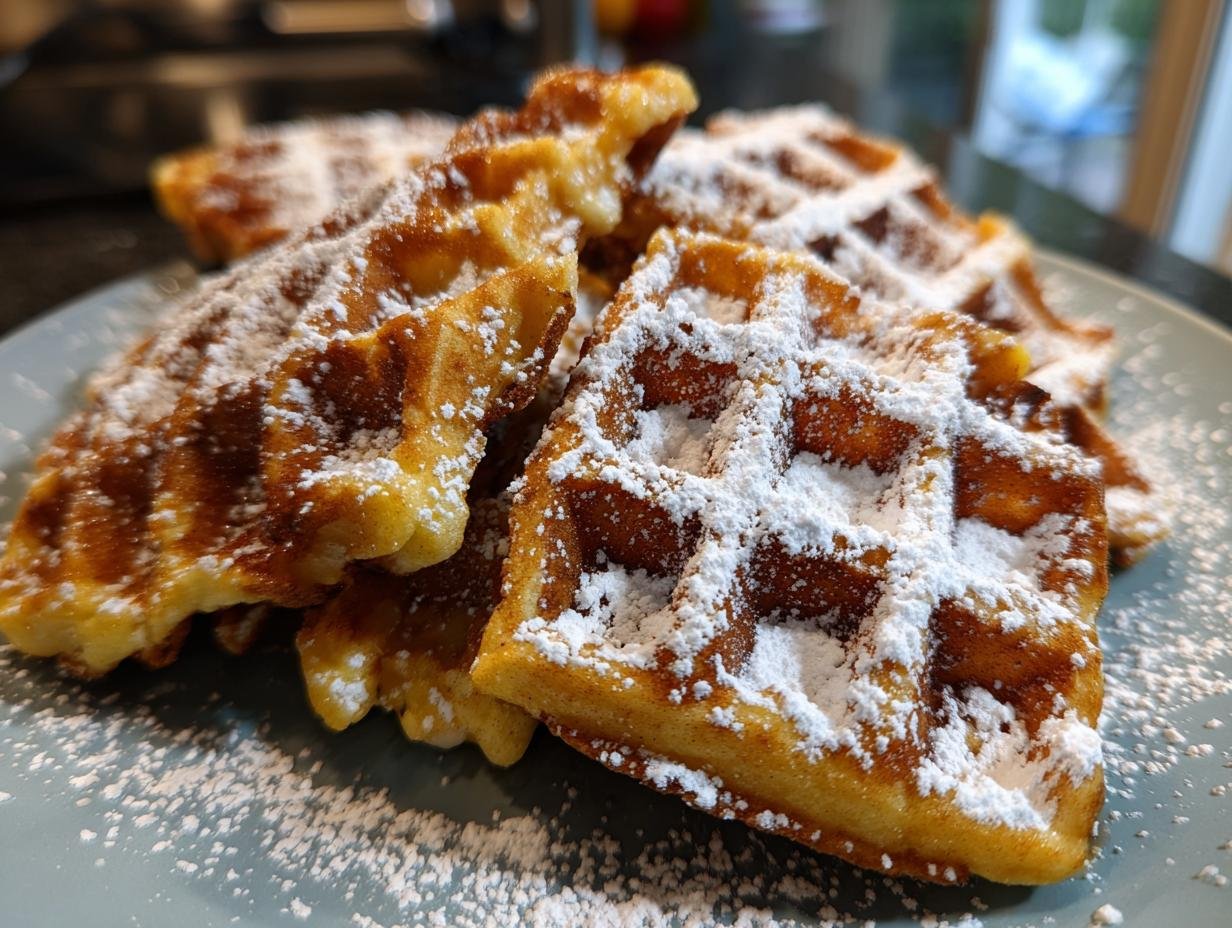 A stack of golden-brown Lebkuchen-Waffeln generously dusted with powdered sugar.