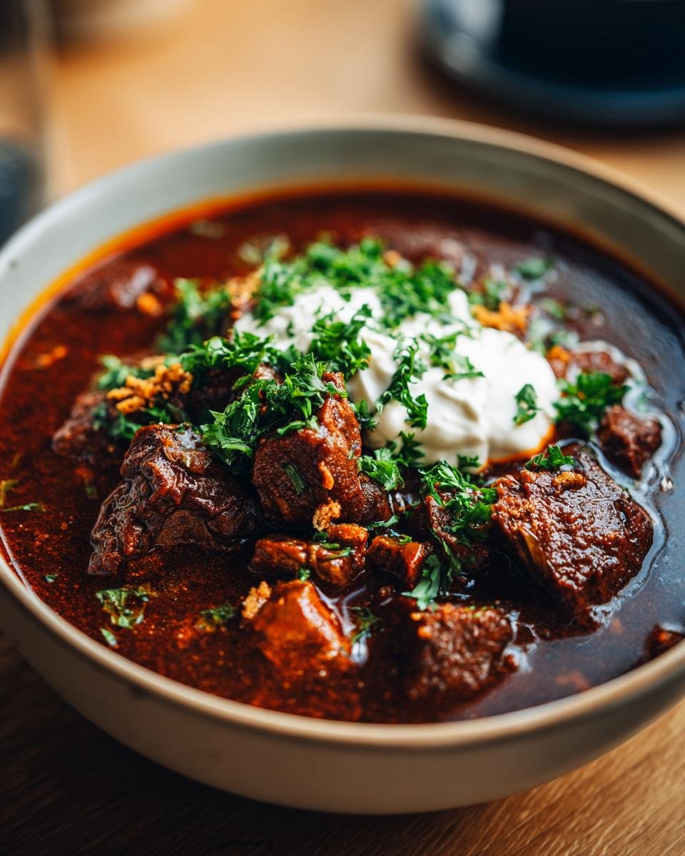 A close-up of rich Lebkuchengulasch, a German festive dish, topped with sour cream and fresh parsley.