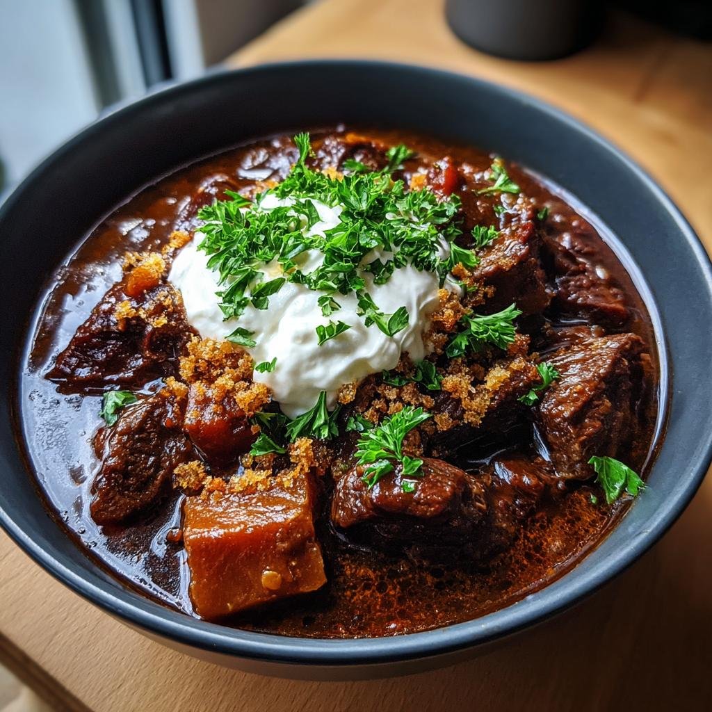 Eine Schüssel mit Lebkuchengulasch, garniert mit einem Klecks Sauerrahm und frischer Petersilie.
