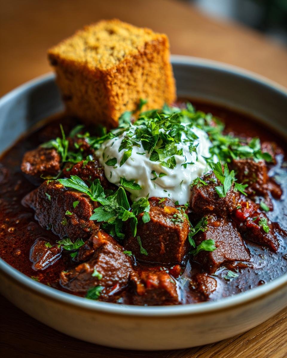 Herzhaftes Lebkuchengulasch als Festtagsgericht im Weihnachtsmenü, garniert mit einem Klecks Sahne und frischer Petersilie.
